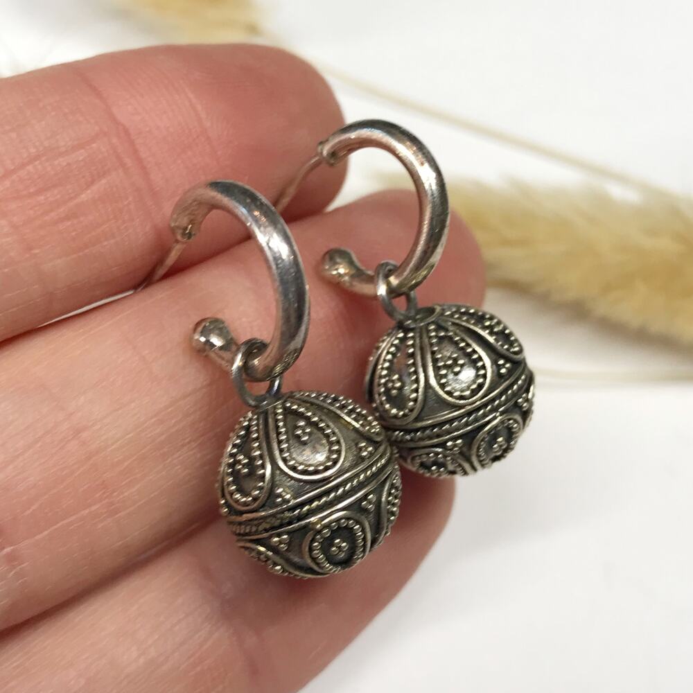 Vintage Sterling Silver Turkish Bali Filigree Scroll Bead Ball Drop Hoop Earring